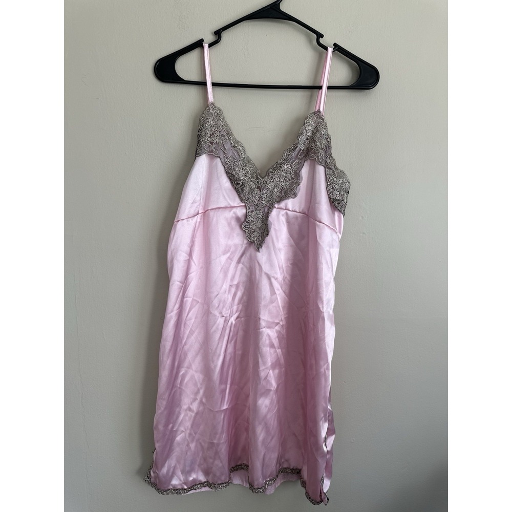Y2K Long Pink Satin Lace Trim Spaghetti Straps VNeck Camisole Lingerie Medium